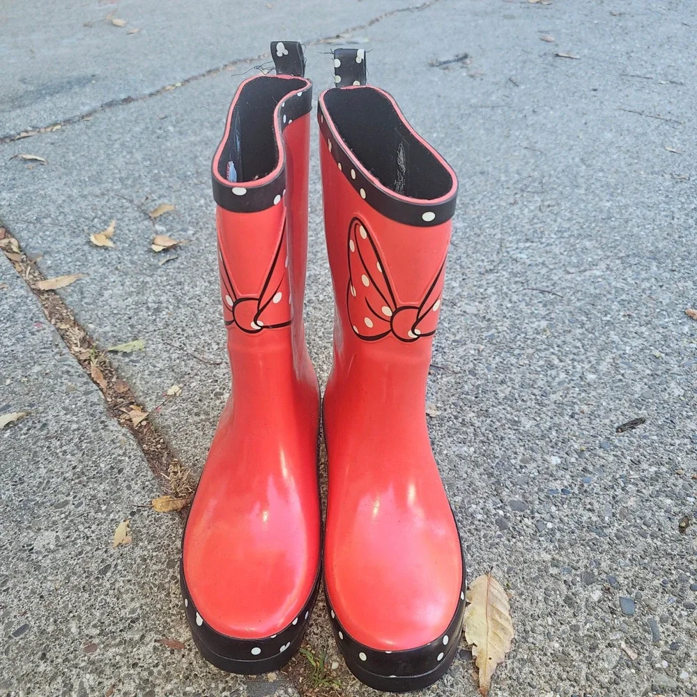 Disney Minnie Mouse Red Black Polka Dot‎ Kids Rain Boots Size 7